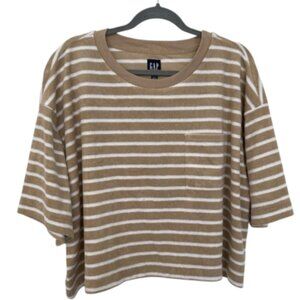 Tan and White GAP Women's Towel Terry Boxy Striped Cropped T-Shirt